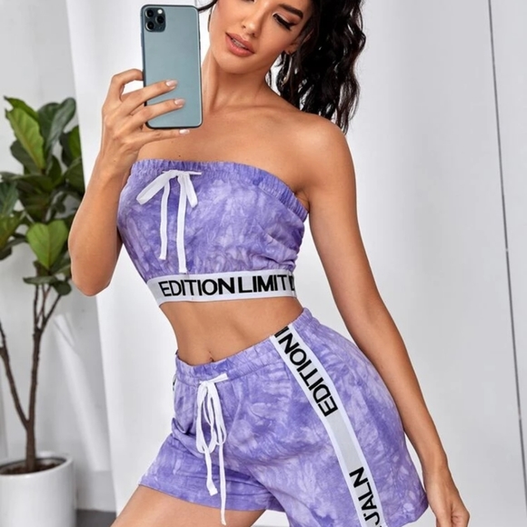 Pants - Tie Dye Letter Tape Panel Tube Top & Shorts LG